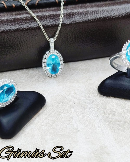 Aquamarin Taşlı Gümüş Set